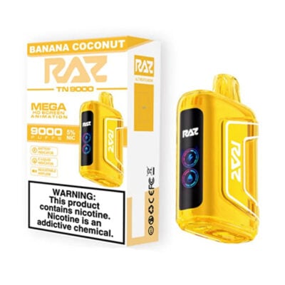 Yellow Raz TN 9000 Disposable Vape in and out of the box - Banana Coconut flavor.