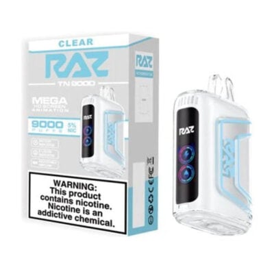 Light Gray and Blue Raz TN 9000 Disposable Vape in and out of the box - Clear flavor.
