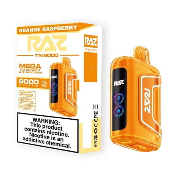 Orange Raz TN 9000 Disposable Vape in and out of the box - Orange Raspberry flavor.