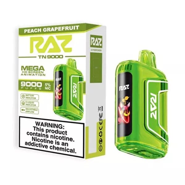 Green Raz TN 9000 Disposable Vape in and out of the box - Peach Grapefruit flavor.