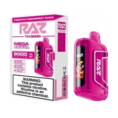 Pink Raz TN 9000 Disposable Vape in and out of the box - Pineapple Passion Fruit Guava flavor.