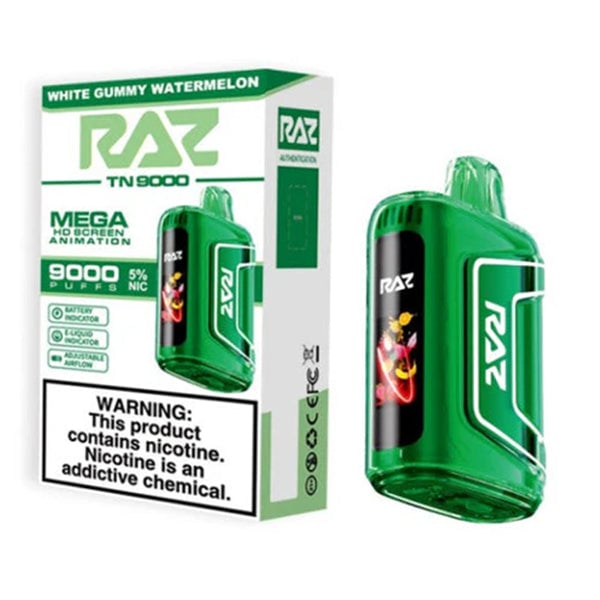 Green Raz TN 9000 Disposable Vape in and out of the box - White Gummy Watermelon flavor.