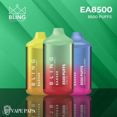 3 Bling EA8500 Disposable Vape Devices on a green - Lush Ice , Strawberry Pineapple Bluberry,and other flavors.