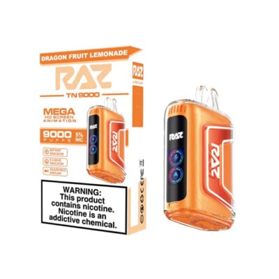 Orange Raz TN 9000 Disposable Vape in and out of the box - Dragon Fruit Lemonade flavor.