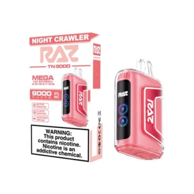 Pink Raz TN 9000 Disposable Vape in and out of the box - Night Crawler flavor.