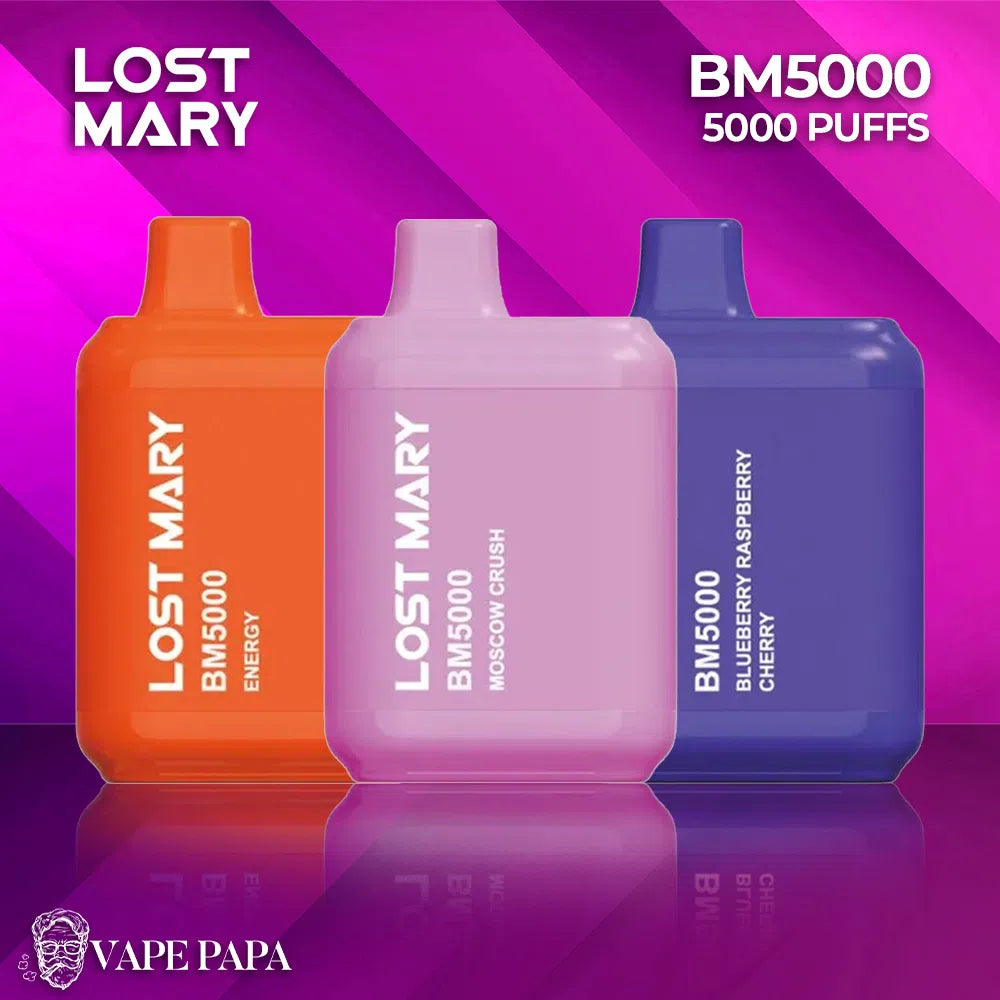 3 Lost Mary BM5000 Disposable Vape Devices on a pink - Energy, Moscow Crush and Cherry flavor.
